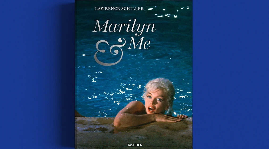 The book cover of Marilyn & Me by Lawrence Schiller on a blue background